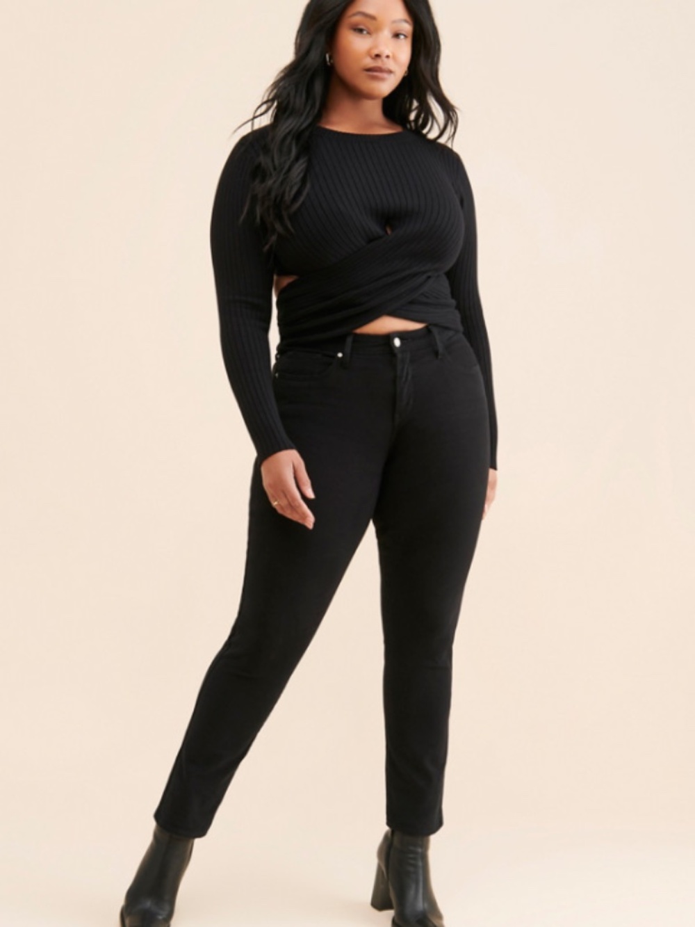 4th & Reckless Black Ribbed Cross Front Cut Out Long Sleeve Sweater Size Large - Picture 2 of 6